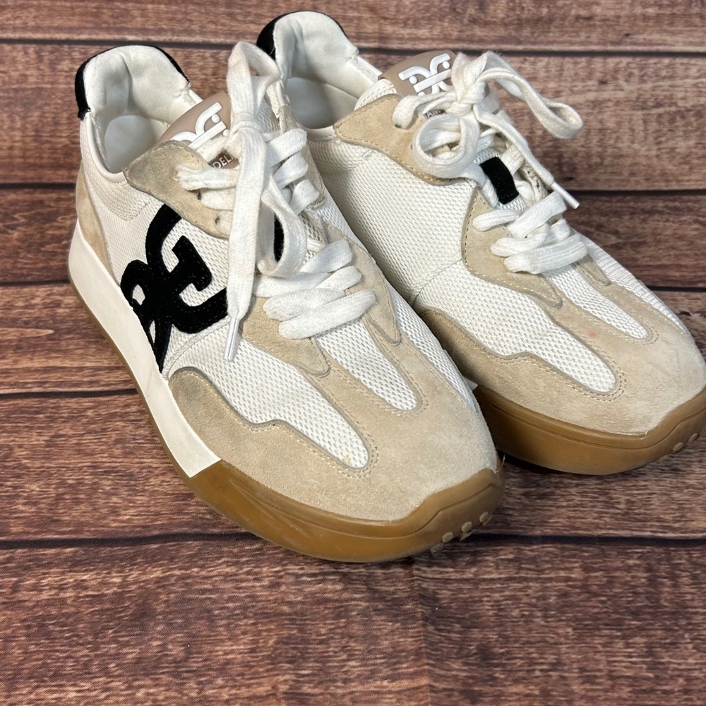 Sam Edelman Langley Womens Cream Beige Suede Black Sneakers Gum Sole Size 7.5